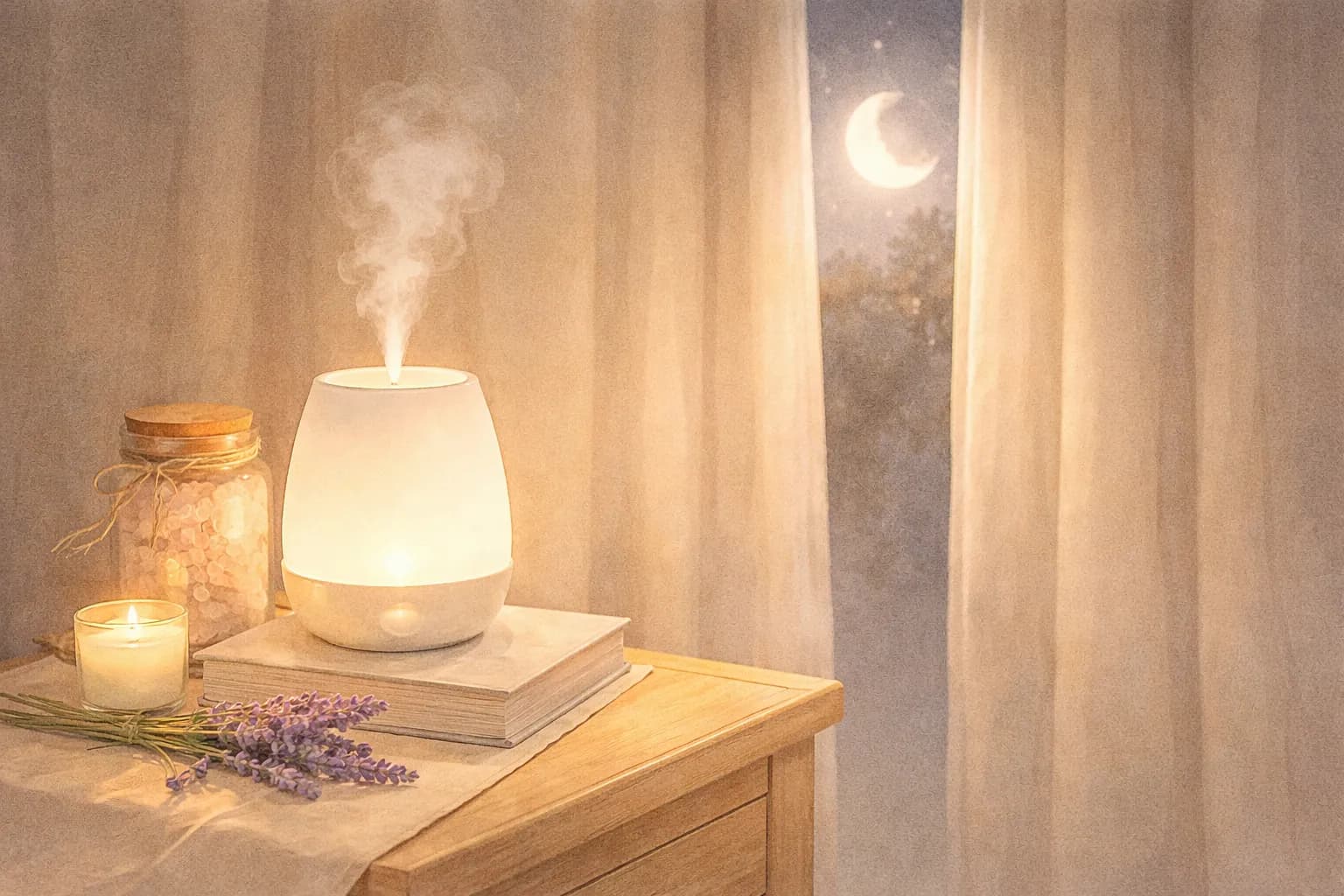 遮光カーテンとアロマディフューザーのある寝室