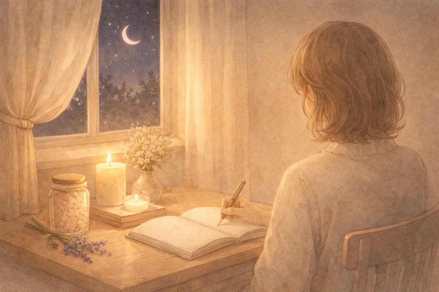 新月の夜空の下でノートに願い事を書く人